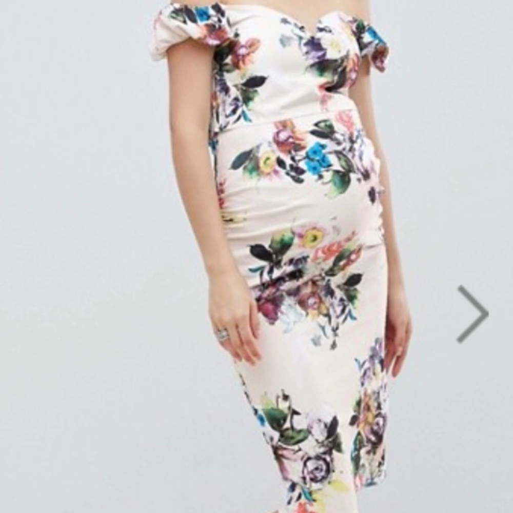 ASOS Maternity Floral Off-Shoulder Midi Dress in Cream with Multicolor Print